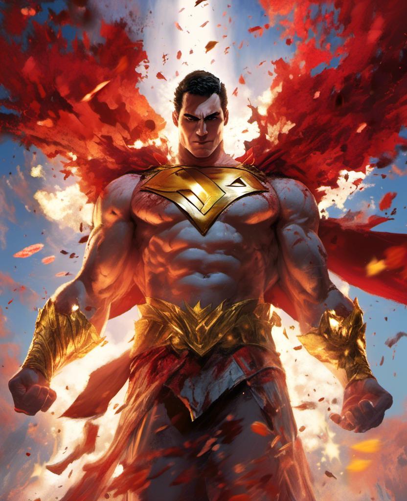 Prompt: <mymodel> close up of  DC Shazam with teared and torn costume showing chest and abs, is bloody and fiercely posing with beautiful exposed upper parts of body unclothed  lighted at twilight,his face with blood stains, lighted by a sun ray beam at twilight, lower angle, upper angle, dynamic point of view, high detailed, 8k