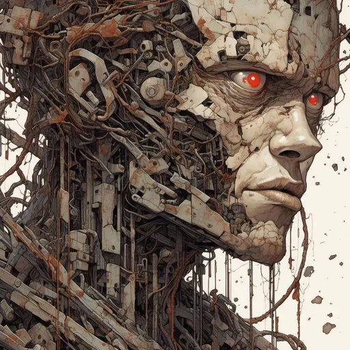 Prompt: <mymodel>a little and fat boy
  made of circuits and small metal parts, with big eyeball and mouth wide open, is surrounded by bloody branches ,behind him a rusty metal wall,inked Alita   manga style