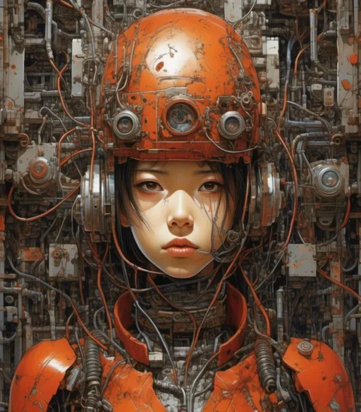 Prompt: <mymodel>a little beautiful korean girl   wearing astronaut helmet over his head  and a  suite
  made of circuits and small metal parts, with big eyeball and mouth wide open,she's surrounded by bloody branches ,behind her a rusty metal wall, steampunk  painting manga  style