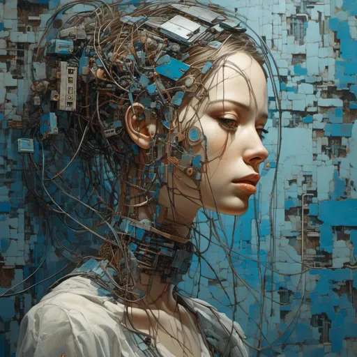 Prompt: <mymodel> girl with flowers made of circuits and blue veins on her head that fades on a futuristic and rusty wall