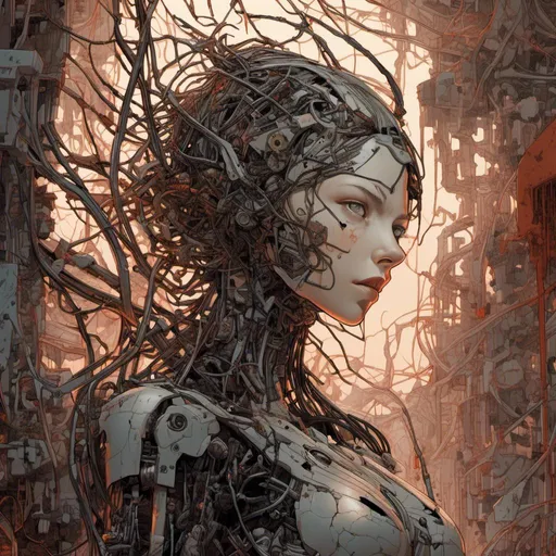 Prompt: <mymodel>star  charlize theron  made of circuits and small metal parts, with big eyeball and mouth wide open, is surrounded by bloody branches ,behind him a rusty metal wall,inked Alita   manga style