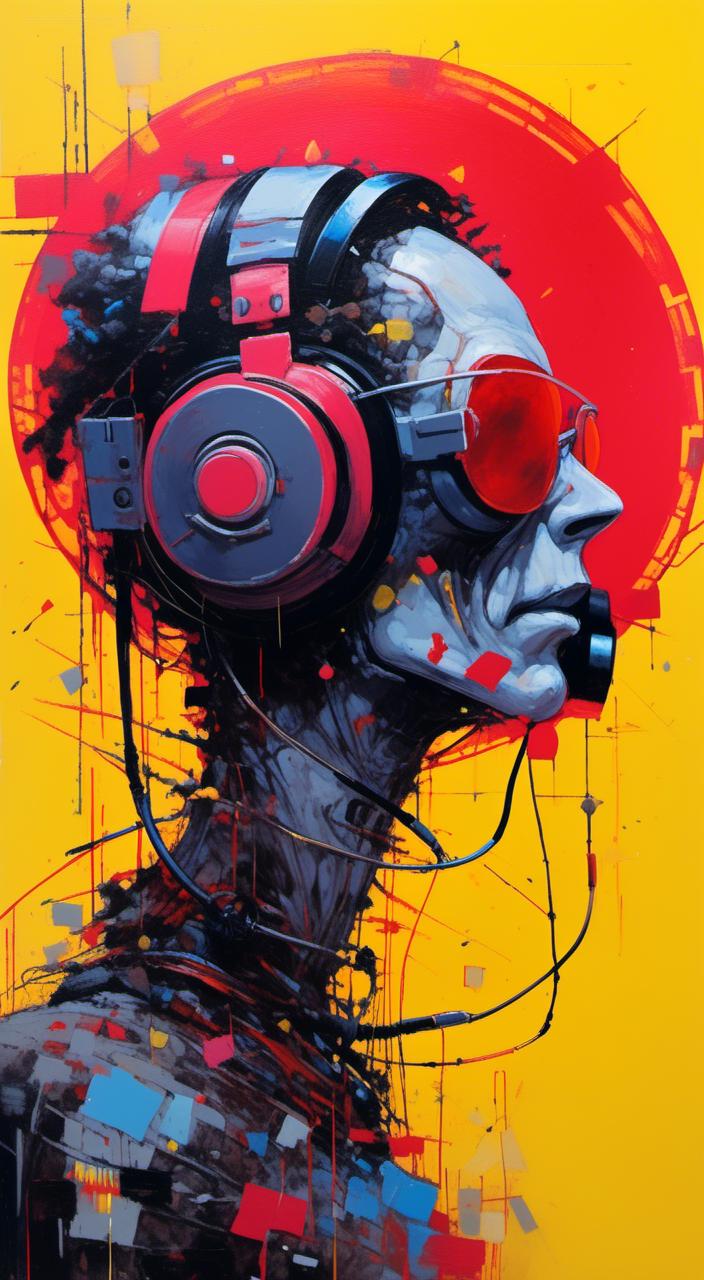 Prompt: a painting of a man with headphones and a red background, brian sum, anthropomorphic _ humanoid, drones in the sky, artgasm, my computer icon, youtube thumbnail, art depicting control freak, wlop : :, pilot, anthropomorphic humanoid, diselpunk, sci - fi : :<mymodel>