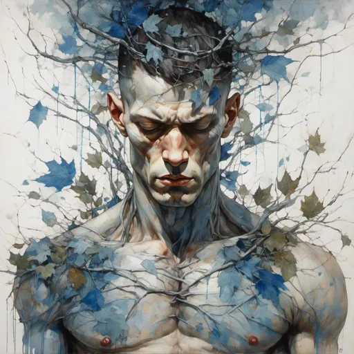 Prompt: <mymodel> portrait of a handsome tattoed skinhead boy with blue  dark eyes , with veins branches and leaves attached to his chest and shoulders  that fades with a white background, big and long drops of blue paint are falling from his fading head, a crown of thin branches over his head,etereal painting style