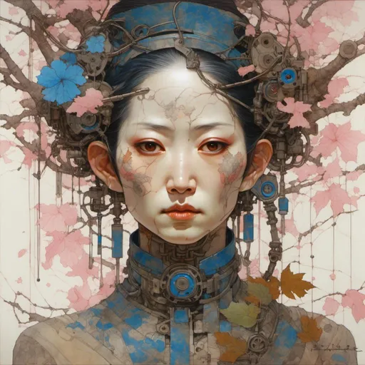 Prompt: <mymodel> portrait of a handsome tattoed korean old woman  with blue  dark eyes , with brown veins branches and leaves attached other neck and shoulders  that fades with a white background,metal plaque on her shoulders with circuits over , big and long strains of pink paint are falling from his fading head,metal parts over his head,,steampunk  painting manga style
