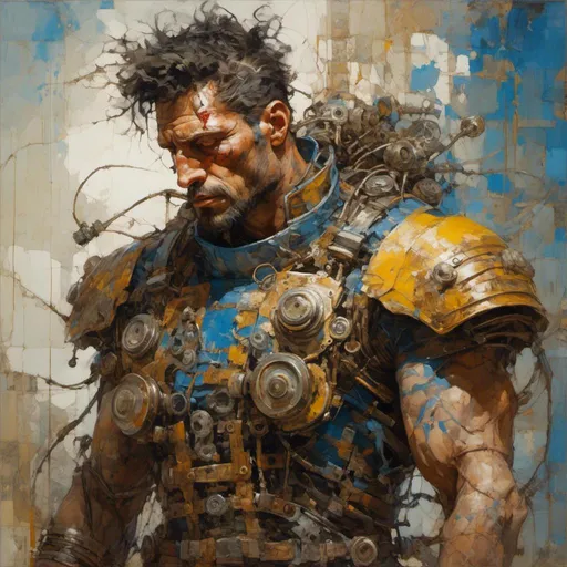 Prompt: <mymodel> portrait of a steampunk  italian muscled handsome gladiator bodybuilder charming man  ,wearing space jacket, with brown veins branches and pipes attached on his neck and shoulders  that fades with a white background,big stain of blood on his chicks,metal plaque on his shoulders with circuits over , big and long strains of blue/yellow paint are falling from his fading head,metal parts over his head,,steampunk  painting manga style