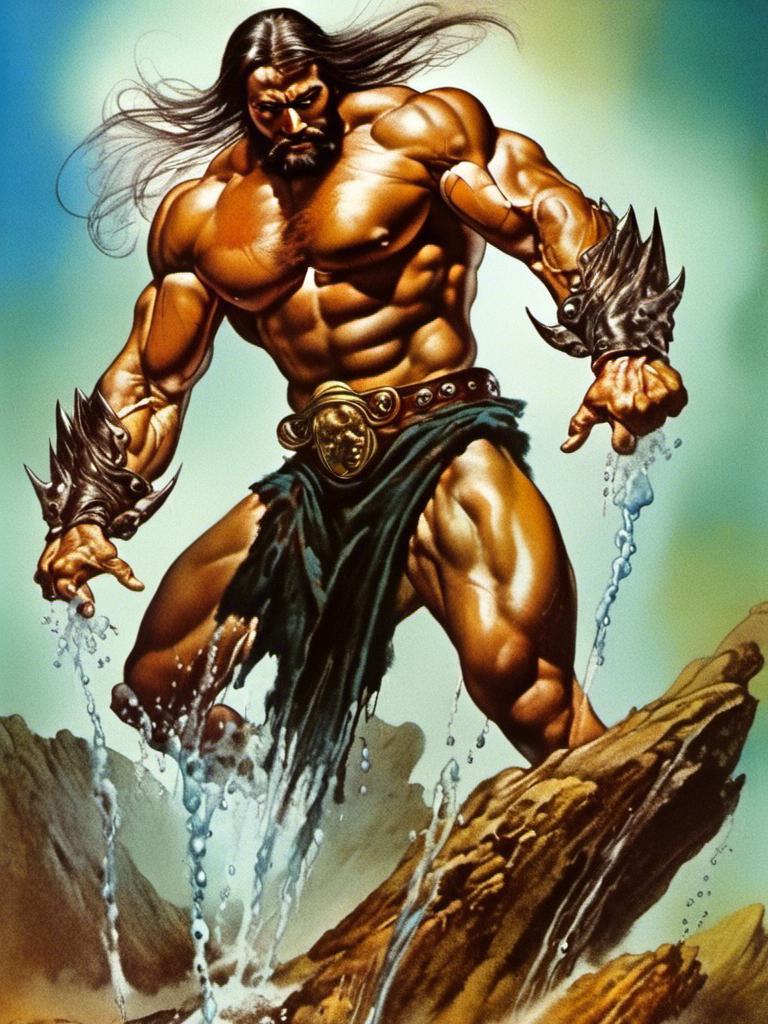 Prompt: <mymodel> Boris Vallejo fantasy painting style, bearded man without dress doing a shower , graphic novel scene