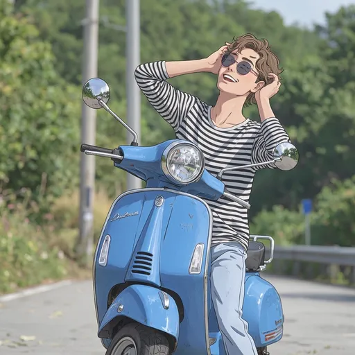 Prompt: Basking in sunlight, a young man strikes a casual pose on a sleek blue scooter with a glossy finish, parked against a backdrop of a blurred green landscape. His expression radiates joy as he smiles and lightly runs his fingers through his wavy hair, wearing stylish sunglasses that complement his laid-back outfit of a black and white striped long-sleeve shirt and light blue pants. The scene evokes a sense of freedom and leisure, typical of a warm, sunny day. The focus draws attention to the scooter, showcasing its modern design, while the slightly weathered roadside adds a touch of realism to the vibrant composition, enhancing the relaxed, carefree atmosphere. Convert this into studio Ghibli anime style 