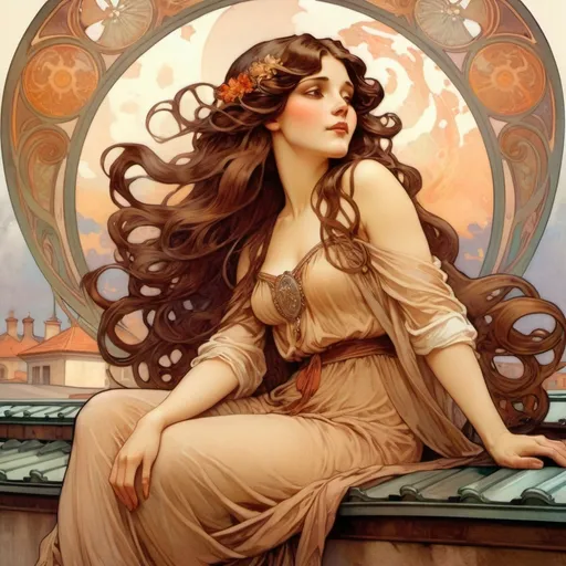 Prompt: Brunette woman with long  wavy hair sitting on roof
