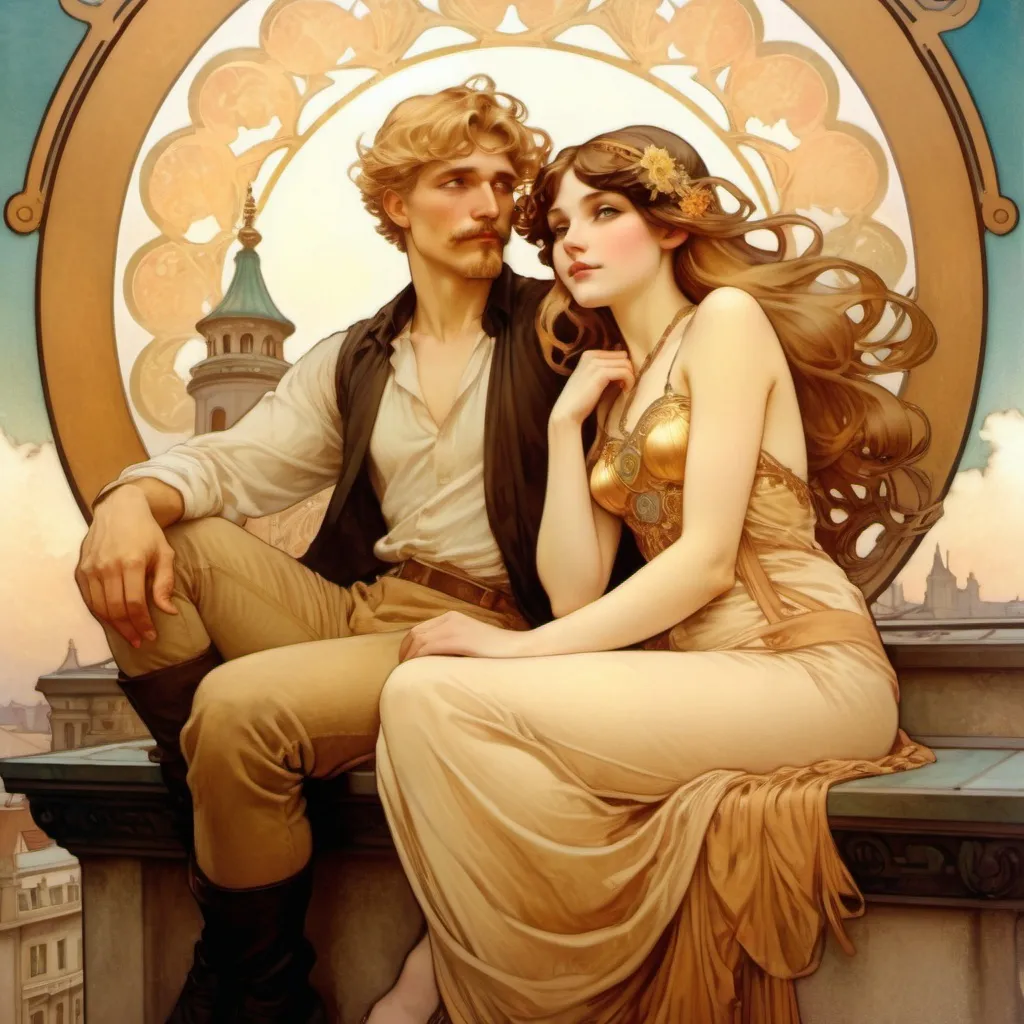 Prompt: Golden haired man and  brunette woman sitting on roof
