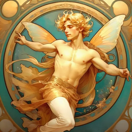 Prompt: golden-haired male fairy flying