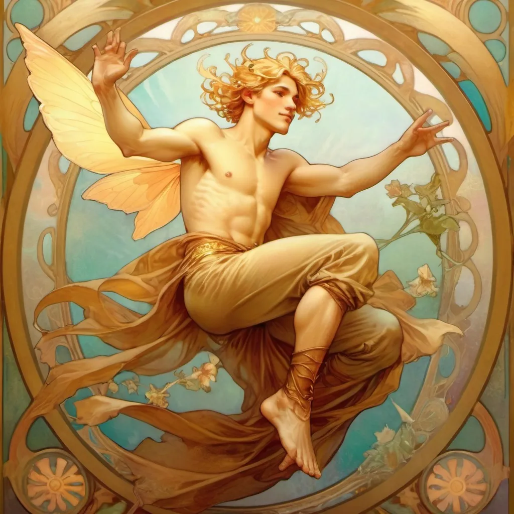 Prompt: golden-haired male fairy flying