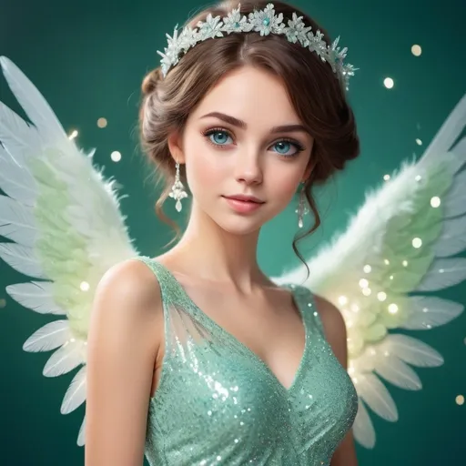 Prompt: A woman that is slim and bright skin. She have beautiful brown hair. She have white big wings. She have beautiful blue eyes with beautiful eyelashes. Her dress is light green and sparkly glitter.