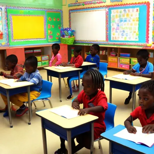 Prompt: Children in the classroom are sitting at a learning table