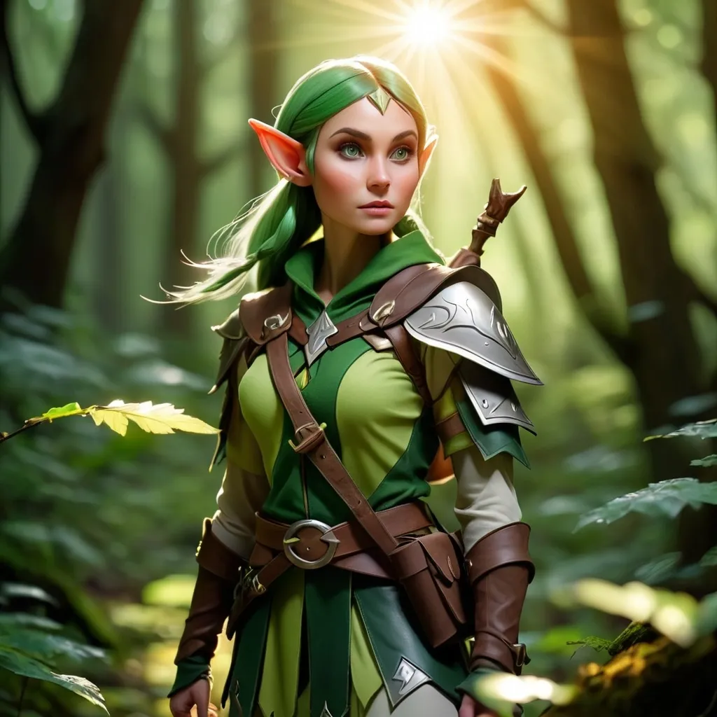 Prompt: Elf ranger in a mystical forest around sunlight