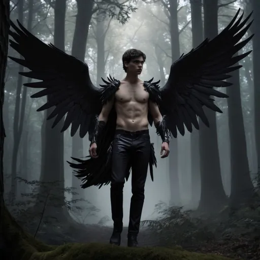 Prompt: top half human with black hippogriff wings. Standing in dark forest, partly behind trees. In the far background, in shadows. 