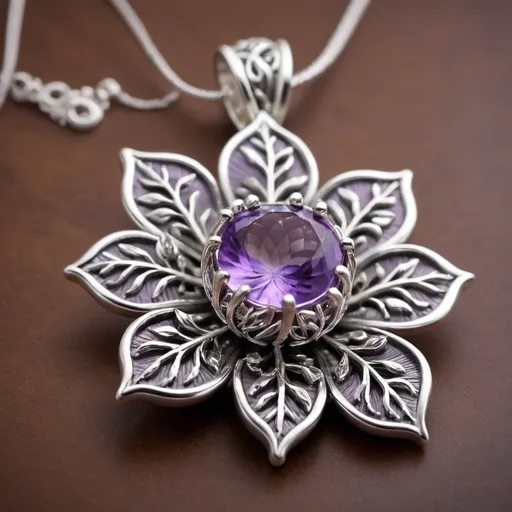 Prompt: A captivating silver pendant inspired by the beauty and nature of the forest. Crafted with intricate details, this pendant features a delicate flower motif as its centerpiece. The flower is formed from silver, a purple amethyst gemstone is in the center of the pendant. The pendant embodies the essence of the forest, with silver vines and leaves cascading around the flower and gemstone. 
