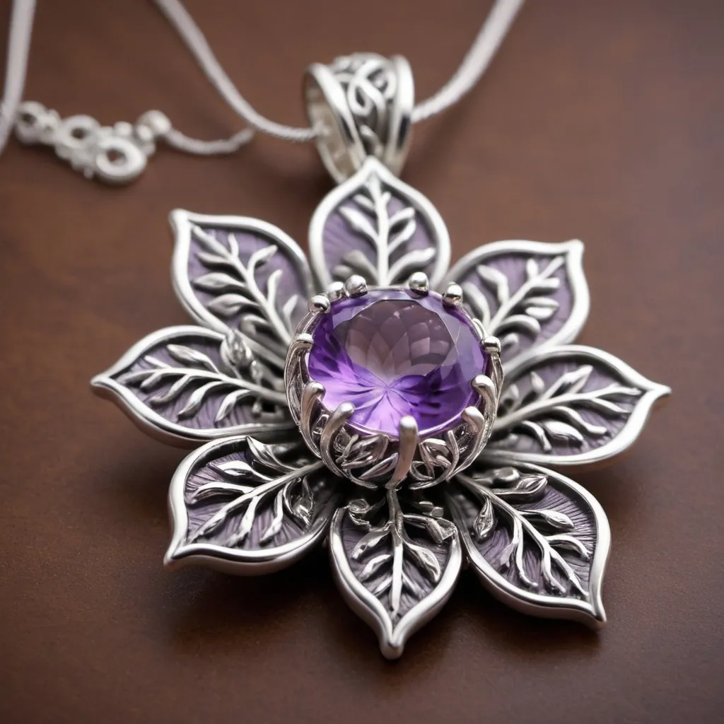 Prompt: A captivating silver pendant inspired by the beauty and nature of the forest. Crafted with intricate details, this pendant features a delicate flower motif as its centerpiece. The flower is formed from silver, a purple amethyst gemstone is in the center of the pendant. The pendant embodies the essence of the forest, with silver vines and leaves cascading around the flower and gemstone. 
