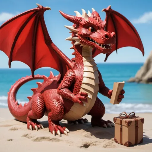 Prompt: Announcement saying Dragon is on vacation, will return May 15th. include text in picture and create a more realistic dragon red and brown
