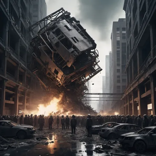 Prompt: A generative AI project failing spectacularly, massive protests, high costs, digital art, chaotic scene, dystopian, large-scale opposition, broken technology, dramatic lighting, high quality, dystopian, protest signs, futuristic, intense atmosphere, industrial, moody lighting, dramatic shadows, detailed wreckage, tense atmosphere