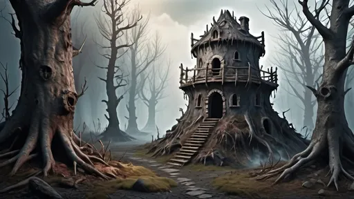 Prompt: Create fantasy style image of dark, withered and thick forest.
There is also made from stone, empty, small wizard tower in very good condition.
The terrain around has burn marks and smoke coming out