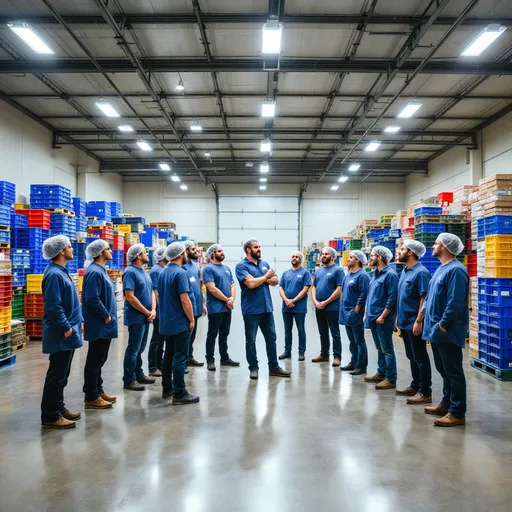 Prompt: In a spacious warehouse, a group of eleven individuals stands attentively in a semi-circle, all wearing hairnets, indicating a food safety or processing context. The warehouse features high ceilings and is illuminated by overhead lights, casting a bright glow over the polished concrete floor. Stacks of blue plastic crates and colorful pallets filled with goods line the background, showcasing an organized storage space. The participants exhibit a mix of expressions, from curiosity to concentration, as they engage in what appears to be a briefing or training session. The overall ambiance is one of professionalism and teamwork, emphasizing the importance of safety and hygiene in their work environment.