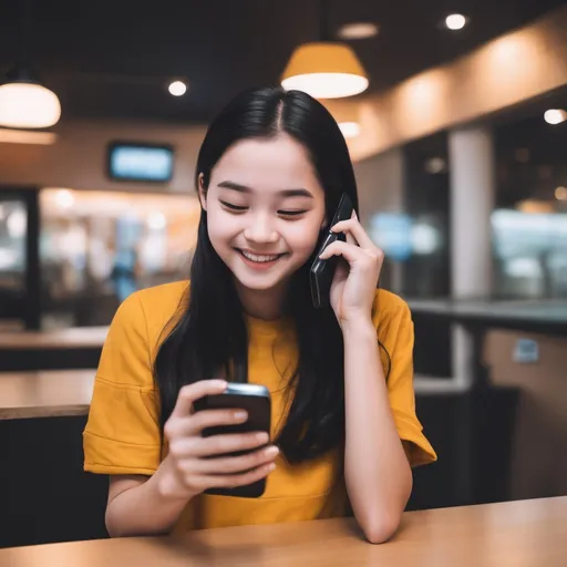 Prompt: A cute girl using phone and smiling