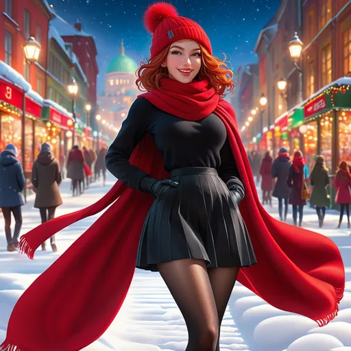 Prompt: Perfect woman with soulful look, 8k eyes, sassy smile, modest, gazing at viewer, worm's eye view, snowballs, zoomed out view of character, full-length, standing tall, wearing black warm tights imitating nylon, wearing warm red skirt scarf gloves and hat, 64k, hyper detailed, expressive, timid, graceful, beautiful, golden ratio, precise, perfect proportions, vibrant, hyper detailed, complementary colors, UHD, HDR, top quality artwork, beautiful detailed background, unreal 5, artstation, deviantart, instagram, professional, masterpiece, long legs, long red hair