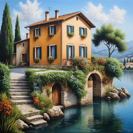 Prompt: house by the water, Italy, very beautiful landscape, beautiful, detailed to the smallest detail, with soft bushes, realistic , natural , transparent, cartoon with high detail, image, acrylic painting,