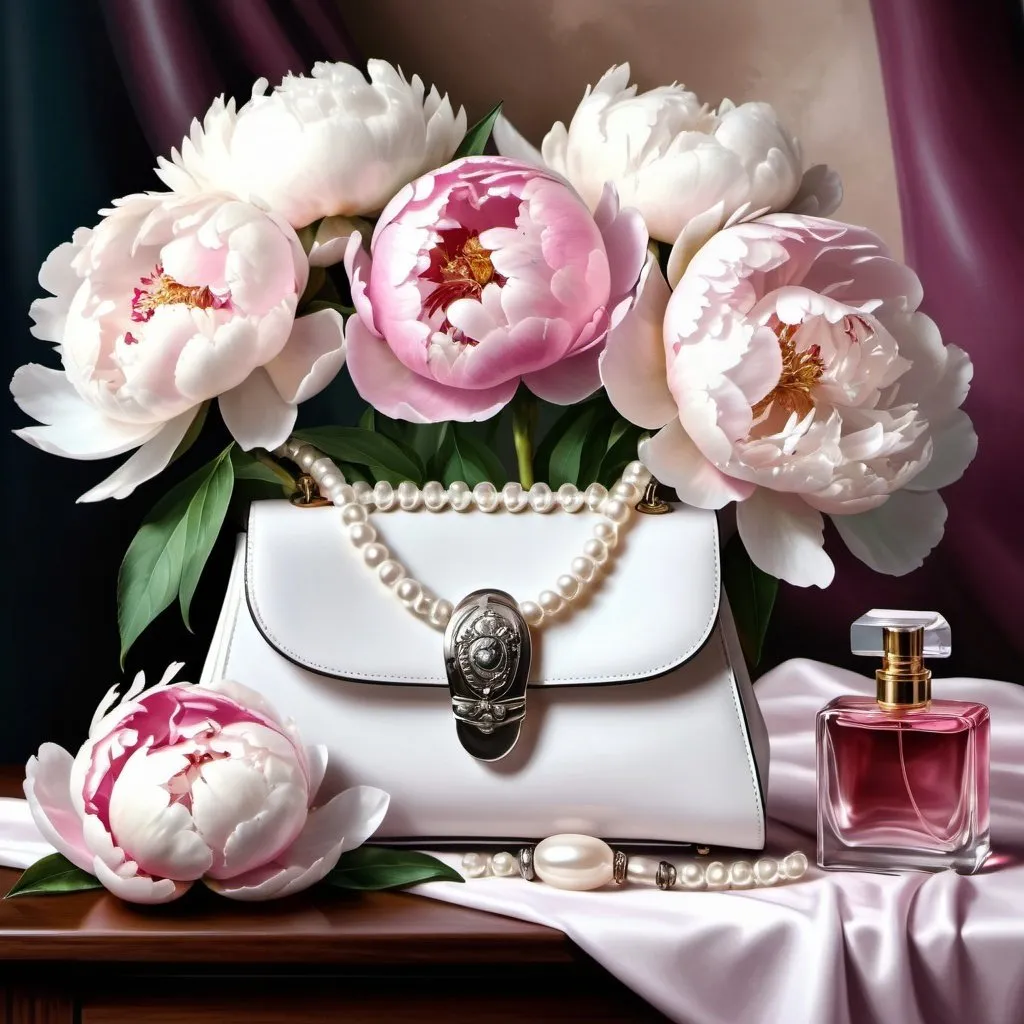 Prompt:  leather handbag ,white and pink peonies on the table,pearls , perfume bottle , fantasy beautifully realistic, airbrush drawing