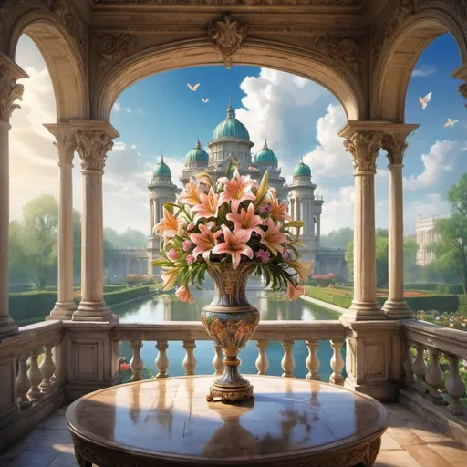 Prompt:  a vase of flowers standing on a table, a very beautiful fantasy art, a palace soaring in the sky, lilies, !!beautiful!!, landscape of the royal garden, beautiful terrace, beautiful surroundings, courtyard