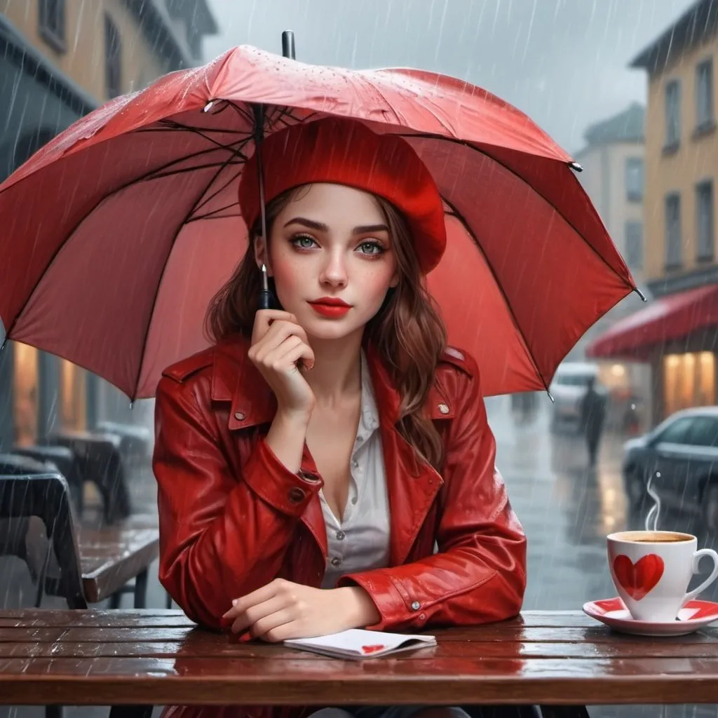 Prompt:  a woman sitting at a table with an umbrella, a cup of coffee, a beautiful girl standing in the rain, a girl in love, a red beret, realistic fantasy beautiful, drawing