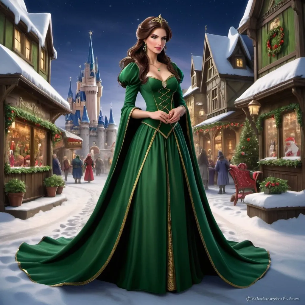 Prompt: a woman in a green dress standing in the snow, by Anne Stokes, animation character, santa claus, digital fantasy character, or perhaps a fairy tale, fantasy town setting, realistic proportions, rendered art, uniquely beautiful, christmas, disney's princess, tarot card the empress, elegant fabric, warm color clothes, regal dark blue clothes, european woman photograph, festive