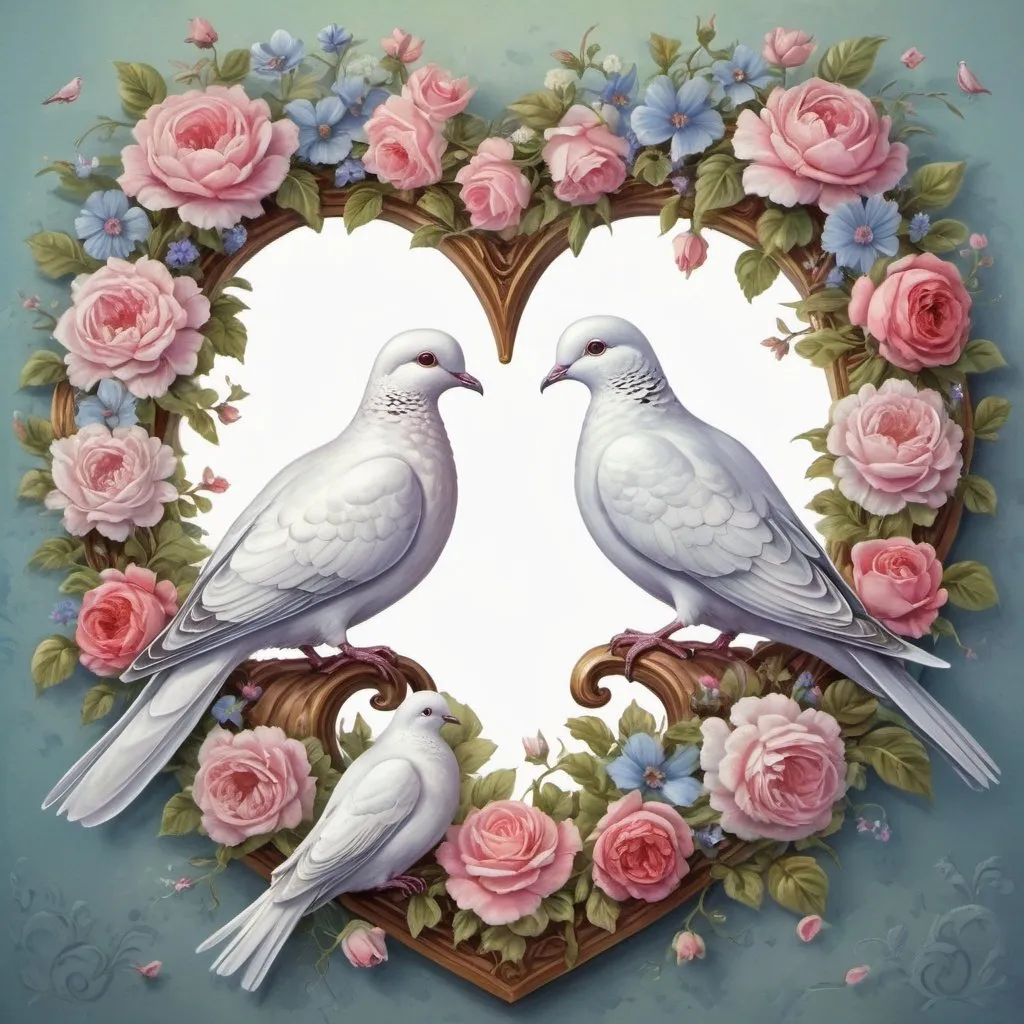 Prompt: a couple of birds sitting on top of a heart surrounded by flowers, doves, romantic couple, doves  rococo, love is begin of all, love os begin of all, man and woman in love, very detailed birds, cute detailed artwork, in romantic style, romantic!!!, romantic scene, lovely couple, romantic painting, birds, romanticism artwork