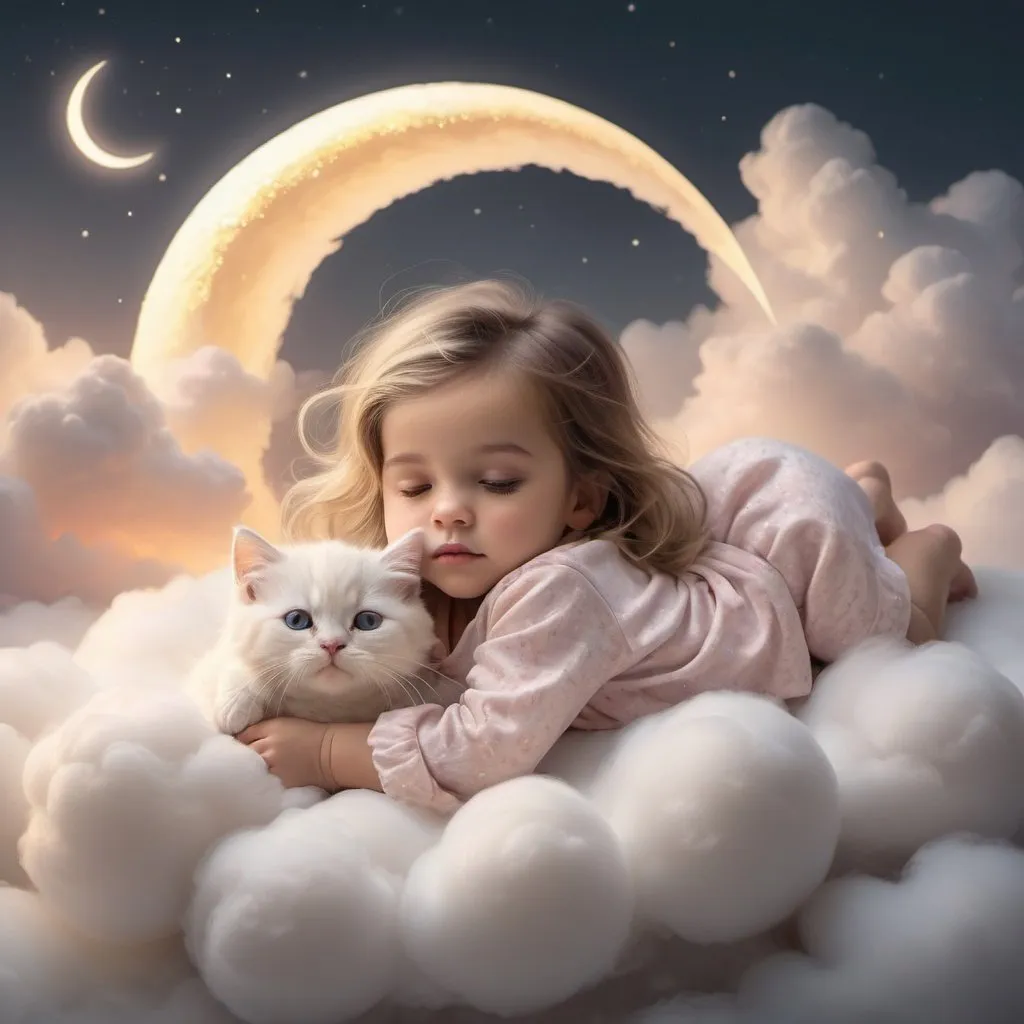 Prompt: Magic Realism, winter, 2-years-old-tiny-little-kid-cute-girl,little  baby girl with cute pajamas, sleeping with her cute sleeping kitty, lying down on a soft billowing cotton cloud, illuminated face, radiating a sense of otherworldly beauty and serenity, eyes open soft shiny hair, dainty, delicate, warm pastel, bright sparkles, crescent moon, rim lighting, luminescent, Soft airbrush concept art, soft textures, glowing effect, shiny porcelaine skin, soft lighting, volumetric lighting, realm of dreams, floating over the clouds, golden hour, dynamic pose, dreamscape background, sunset,coloring book  grayscale 