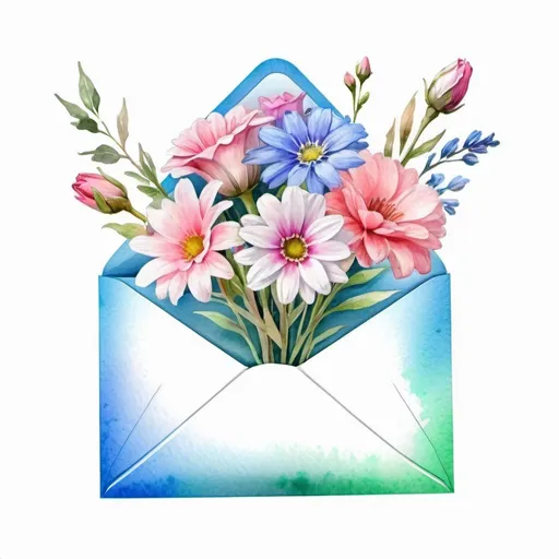 Prompt: bouquet of flowers in a postal envelope, white background, white , pink, blue , green, realistic, beautifully natural, high detail, medium plan, blooming lighting effect, dry watercolor, 
the art of color sketch