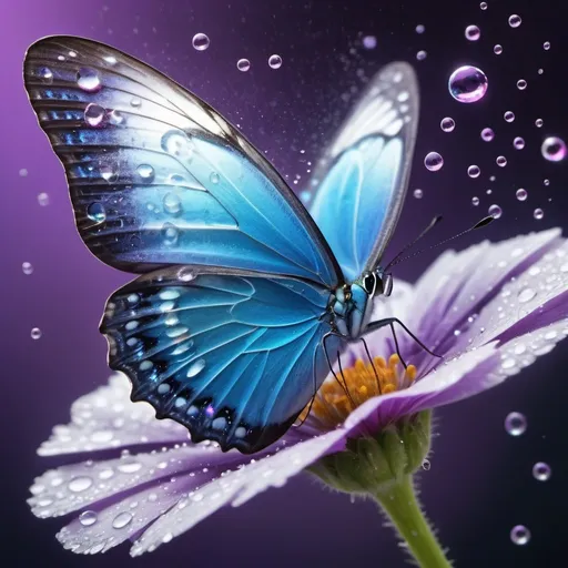 Prompt: A vibrant azure butterfly bursts forth from a nebulous white cocoon of colors and bubbles landing on the purple flower covered with floating  water droplets, a surreal mix of nature and fantasy, 8k resolution, an explosion of hues that captures the essence of transformation and the ephemeral beauty of life. 

 