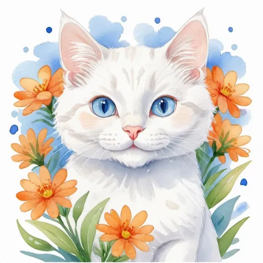 Prompt: Cute white cat with a bouquet of orange flowers, cute smiling face, he has two charming blue eyes, he is very happy, cartoon watercolor drawing