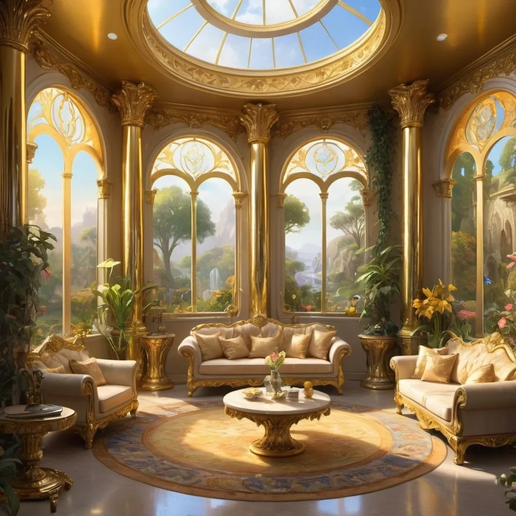Prompt:  a living room filled with lots of furniture, beautiful fantasy painting, pure gold pillars, the window, concept world art, in the garden of eden, gold trim, gaudy, golden dawn, realm, unrea 5, beautiful rendered, open room, well - rendered