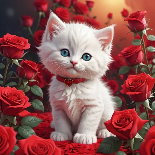 Prompt: cartoon cute fluffy white kitten holding a red rose among red roses, aesthetically beautiful, fantasy, drawing, computer graphics high resolution, high detail, 30mm lens, 1/250s, f/2.8, ISO 100