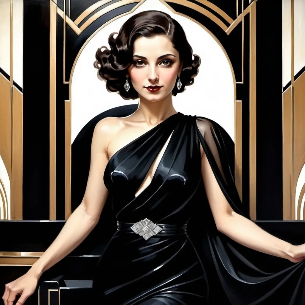 Prompt:  a woman in a black dress posing for a picture, an art deco painting by Alexander Kucharsky, behance, art deco, elegant noir, an elegant woman in black dress, beautiful iranian woman