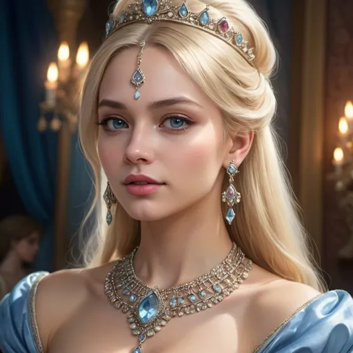 Prompt: a woman with a necklace and earrings, hyperrealistic fantasy art, blonde empress, light makeup, perfect facial proportions, extravagant dress, anime. soft lighting, Indian princess, Cinderella, forbidden beauty, ash-blond hair, fantasy beautifully realistic drawing