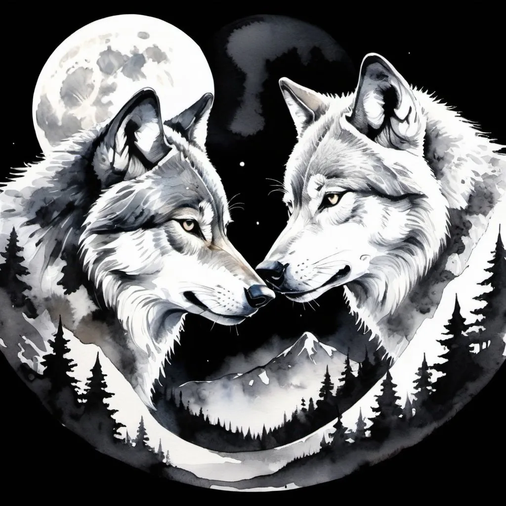 Prompt: two wolf faces facing each other in front of the full moon, black and white like yin and yang, detailed landscape with mountains and forest in the background, bright, dynamic, watercolor rendering in ink.