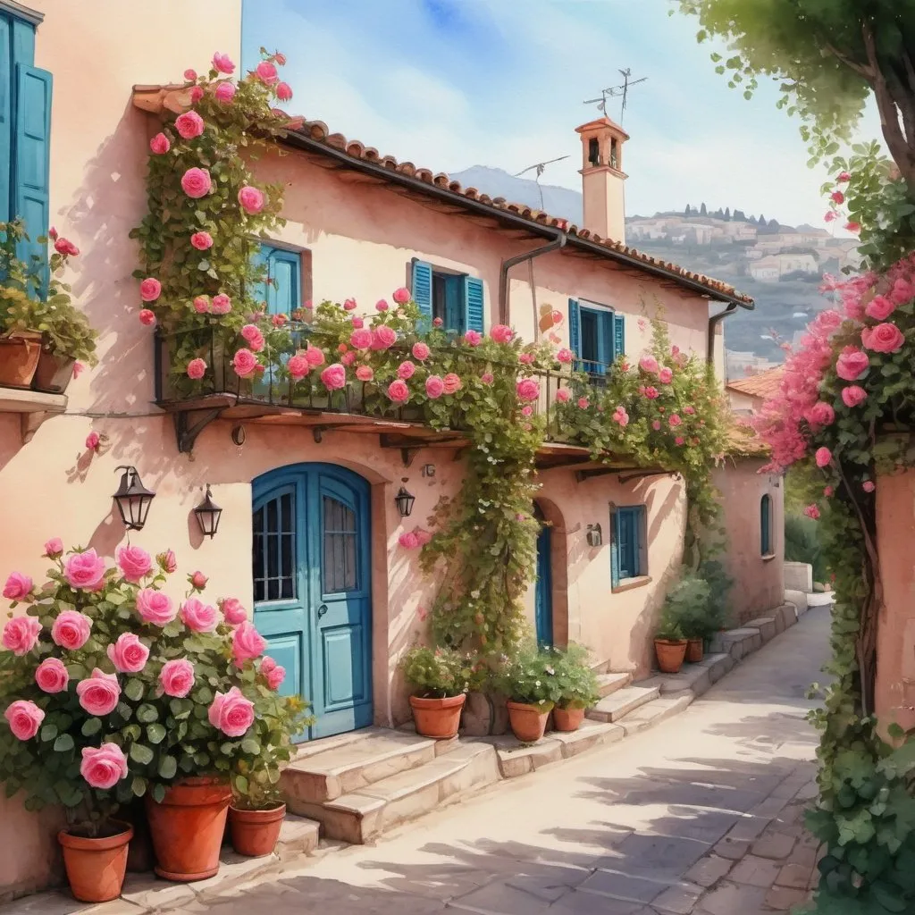 Prompt: a cozy house surrounded by delicate pink flowers, bushes and hops climbing around the house, small red roses, street of a Mediterranean town, midday, stunning drawing, very realistic painting effect, high quality, very, very beautiful furry art, very, very beautiful, excellent composition , ultra-realistic, beautiful, colorful, realistic, high detail, watercolor painting,