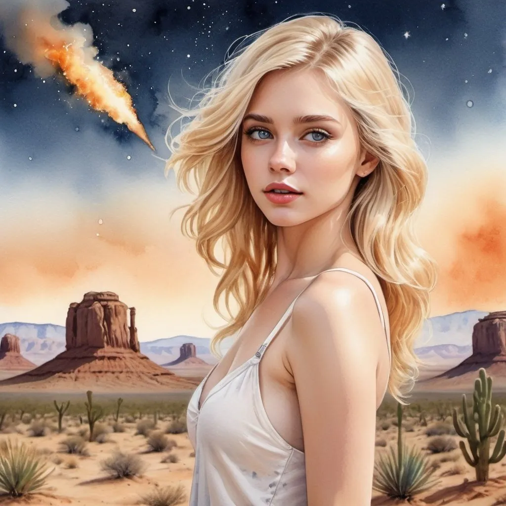 Prompt:  Watercolor with drawing, cute blonde beauty+desert +comet burning in the sky,masterpiece, hair highlight,glitter, professional photo,realistic, 128k,high resolution, high detail,cgi, hyper-realism,f/16.1/300s.you are a professional photo,the best frame, cleavage, full height