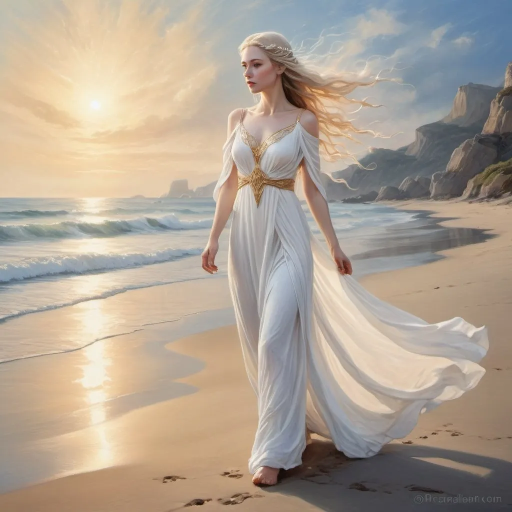 Prompt:  a woman in a white dress walking on the beach, a very beautiful fantasy painting, romantic painting, a beautiful fantasy portrait, goddess of Greek mythology, queen of the elves Galadriel, beautiful fantasy art, breathtaking fantastic art