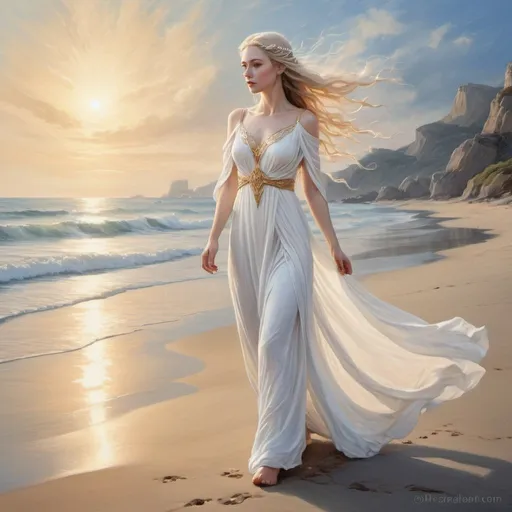 Prompt:  a woman in a white dress walking on the beach, a very beautiful fantasy painting, romantic painting, a beautiful fantasy portrait, goddess of Greek mythology, queen of the elves Galadriel, beautiful fantasy art, breathtaking fantastic art