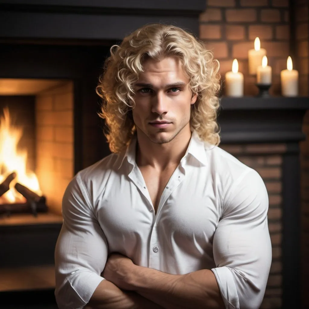 Prompt:  a long-haired man in a white shirt, spectacular lighting from the fireplace, musculature, very, very curly blond hair, a beautiful full face, a drawing in the style of a romantic urban fantasy,