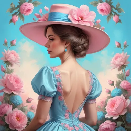 Prompt:  a medium quality digital painting of a (Portrait) woman in (exquisite) dress and hat in baby blue and pink, surrounded by flowers, vintage style, bright colors, soft light, surrealism, rear view, detailed, art, floral design, woman portrait , close-up, colorful, digital art, 4k.