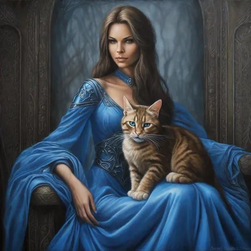 Prompt:  a woman in a blue dress holding a cat, a fine art painting by Anne Stokes, deviantart, fantasy art, beautiful fantasy painting, beautiful fantasy art portrait, fairytale artwork