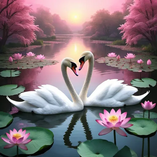 Prompt:   a couple of swans floating on top of a body of water, beautiful gorgeous digital art, pink bees, lush flowery outdoors, standing gracefully upon a lotus, beautiful avatar pictures, uniquely beautiful, garden utopia, inspired by Joan Ayling, pink lighting, inspired by Hyman Bloom